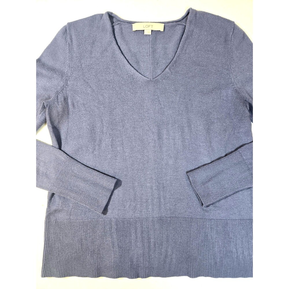 Loft Sweater Womens Small Blue Rib Trim Knit V Neck Pullover Sweater